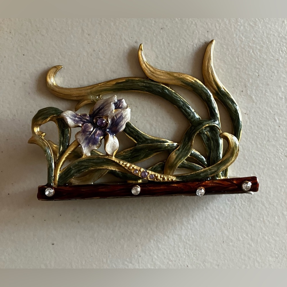 Vintage enamel rhinestones Iris brass business card holder